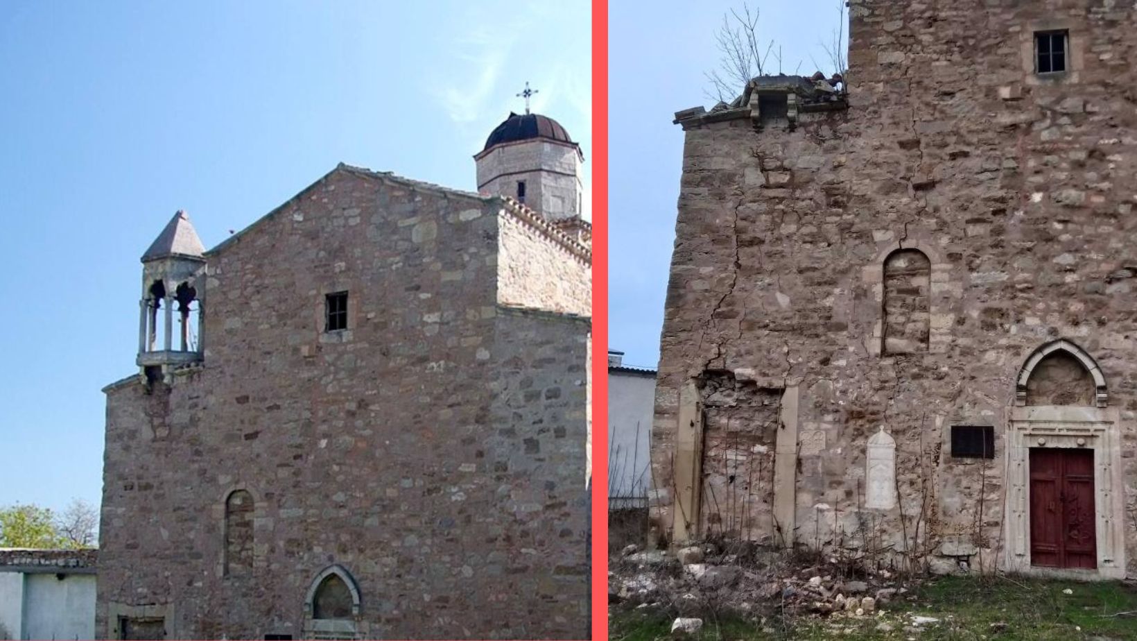 На фото: колокольня армянского храма до окончательного разрушения и после